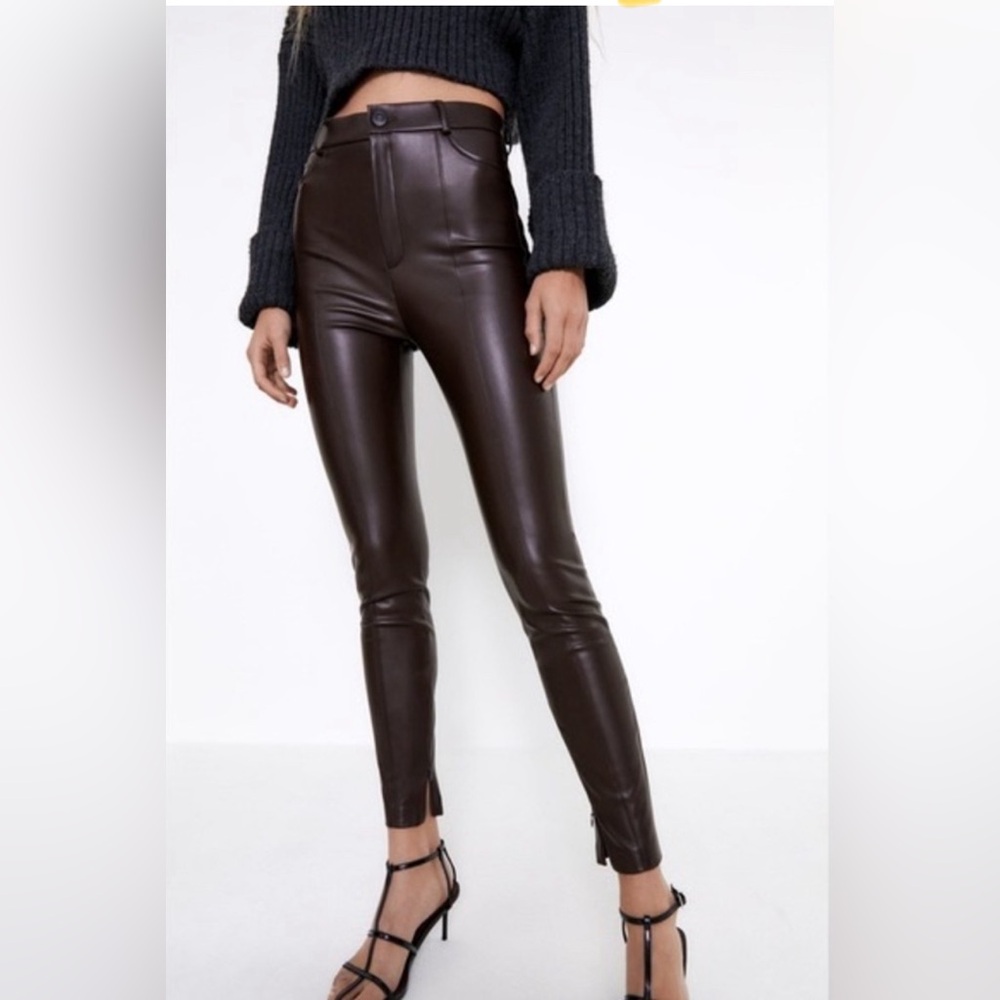 NWOT - Zara Brown Faux Leather Leggings/Pants Size S